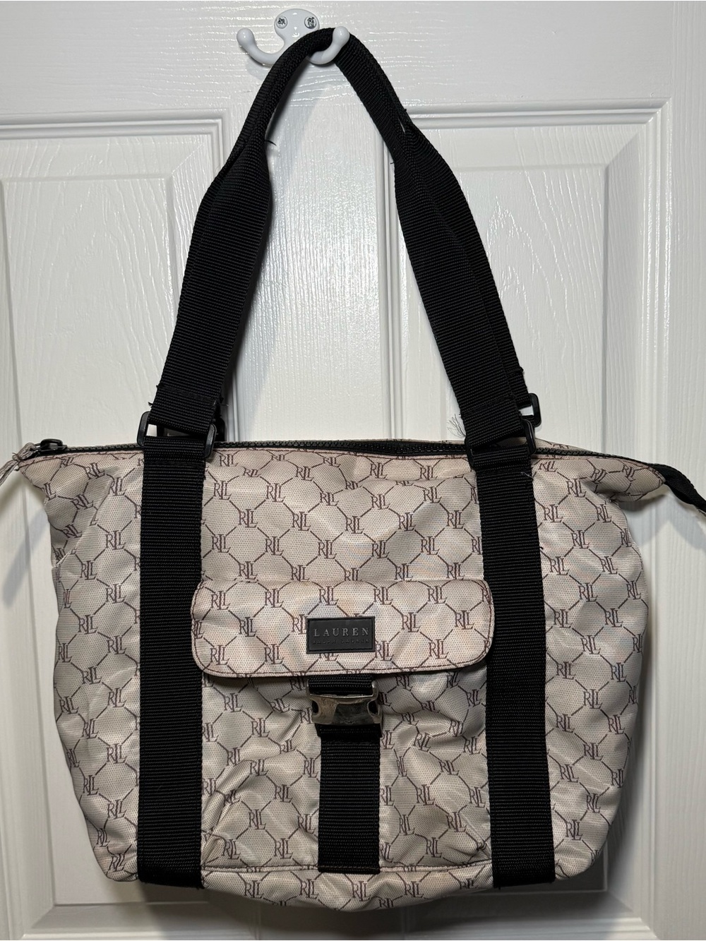 Lauren Ralph Lauren Cream Signature Monogram Tote with Black Straps